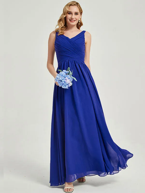 Royal Blue Wide Straps Sleeveless V-Neck Pleated Maxi Bridesmaid Dress
