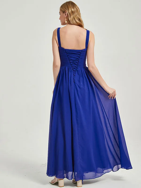 Royal Blue Wide Straps Sleeveless V-Neck Pleated Maxi Bridesmaid Dress
