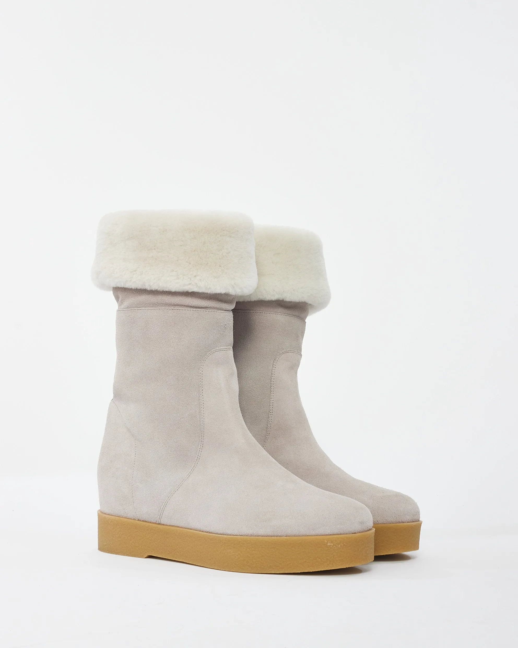 Salvatore Ferragamo Grey Suede & Fur Wedge Boots - 8.5