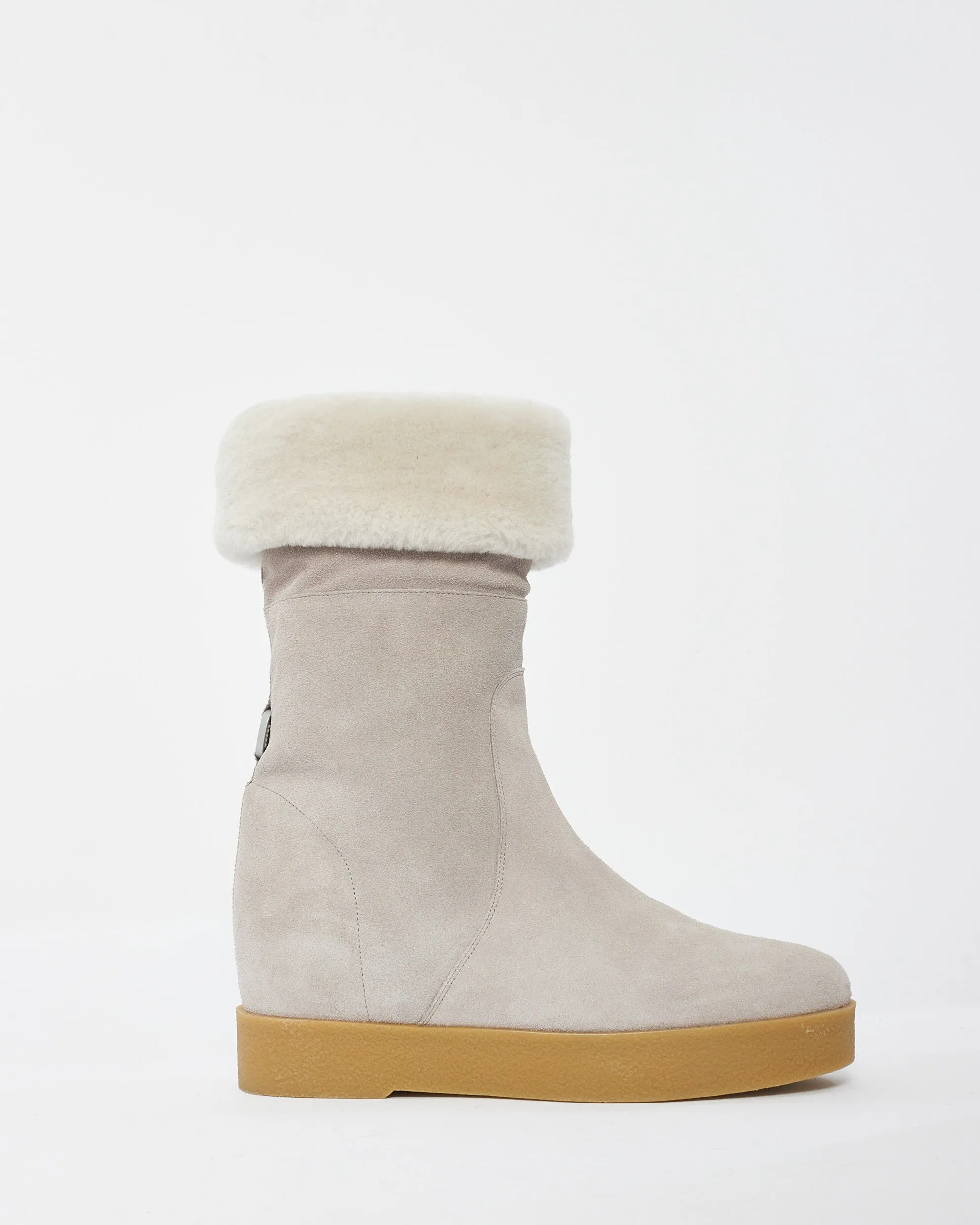 Salvatore Ferragamo Grey Suede & Fur Wedge Boots - 8.5