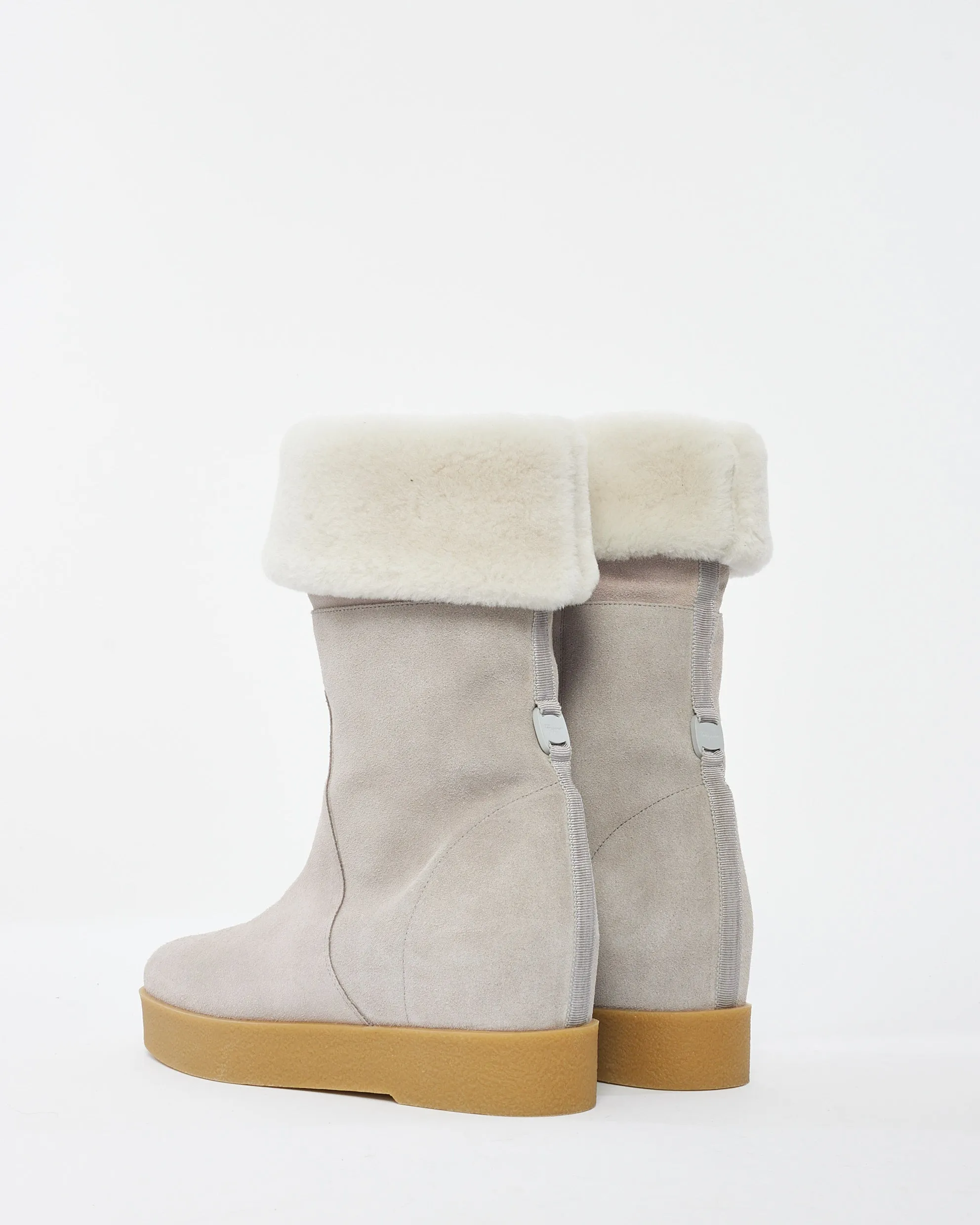 Salvatore Ferragamo Grey Suede & Fur Wedge Boots - 8.5