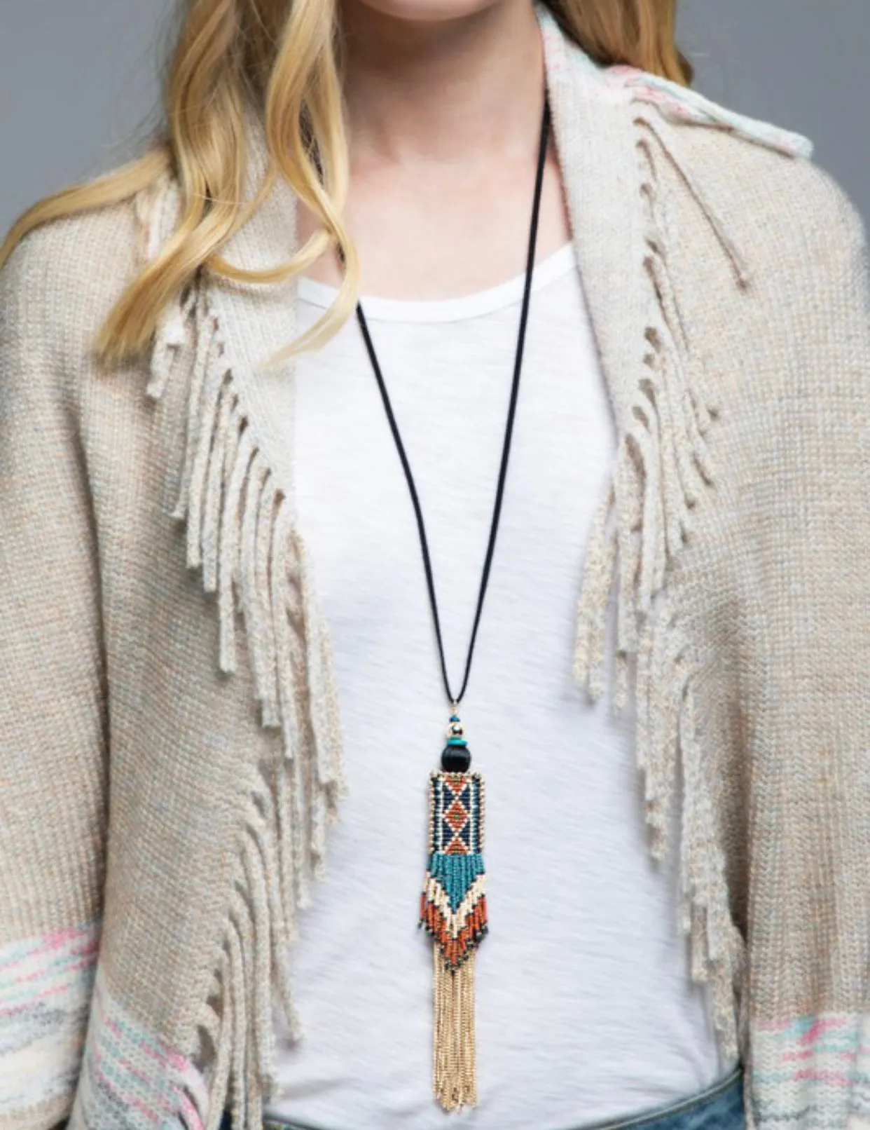 Seed Bead and Metal Chain Tassel Aztec Necklace
