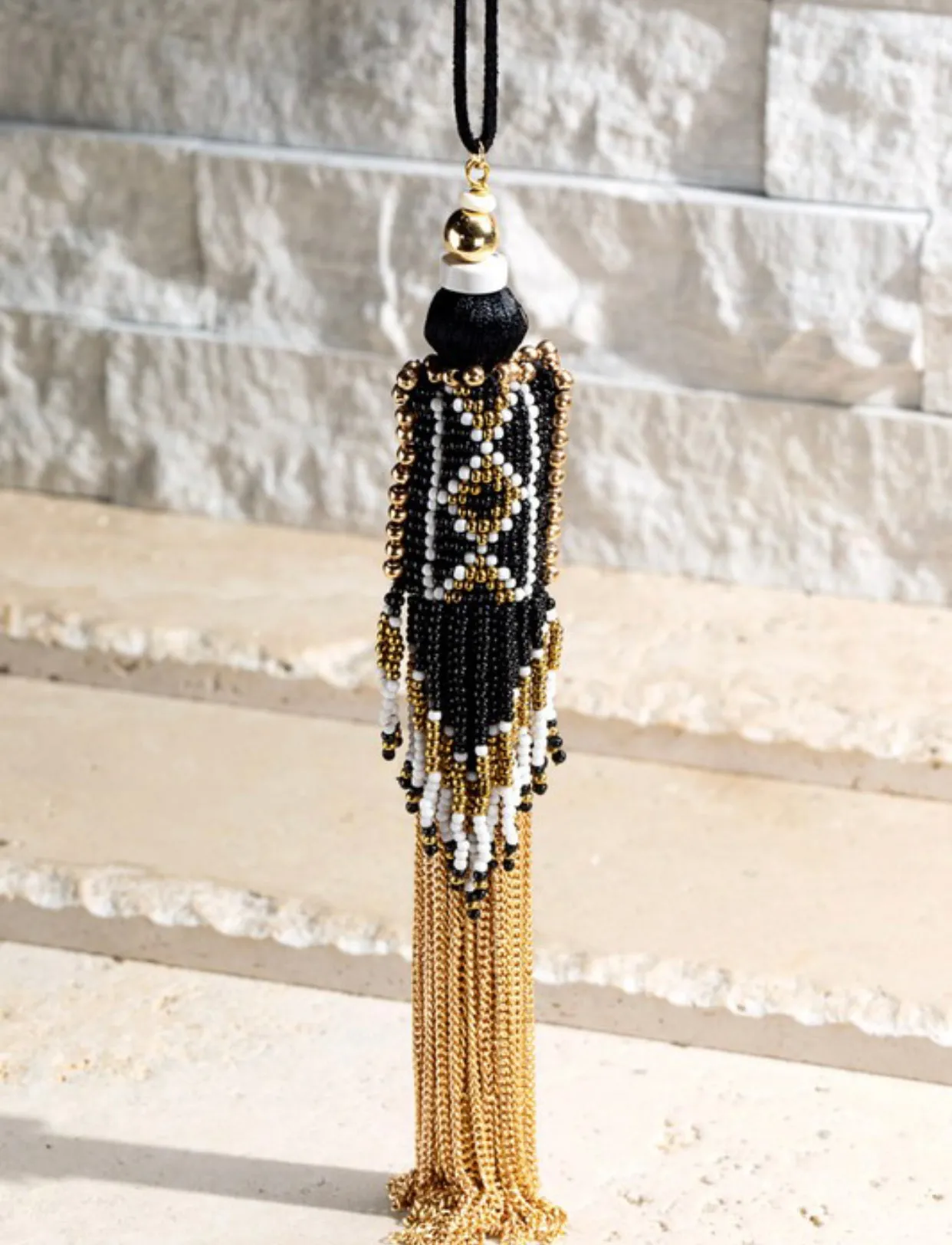 Seed Bead and Metal Chain Tassel Aztec Necklace