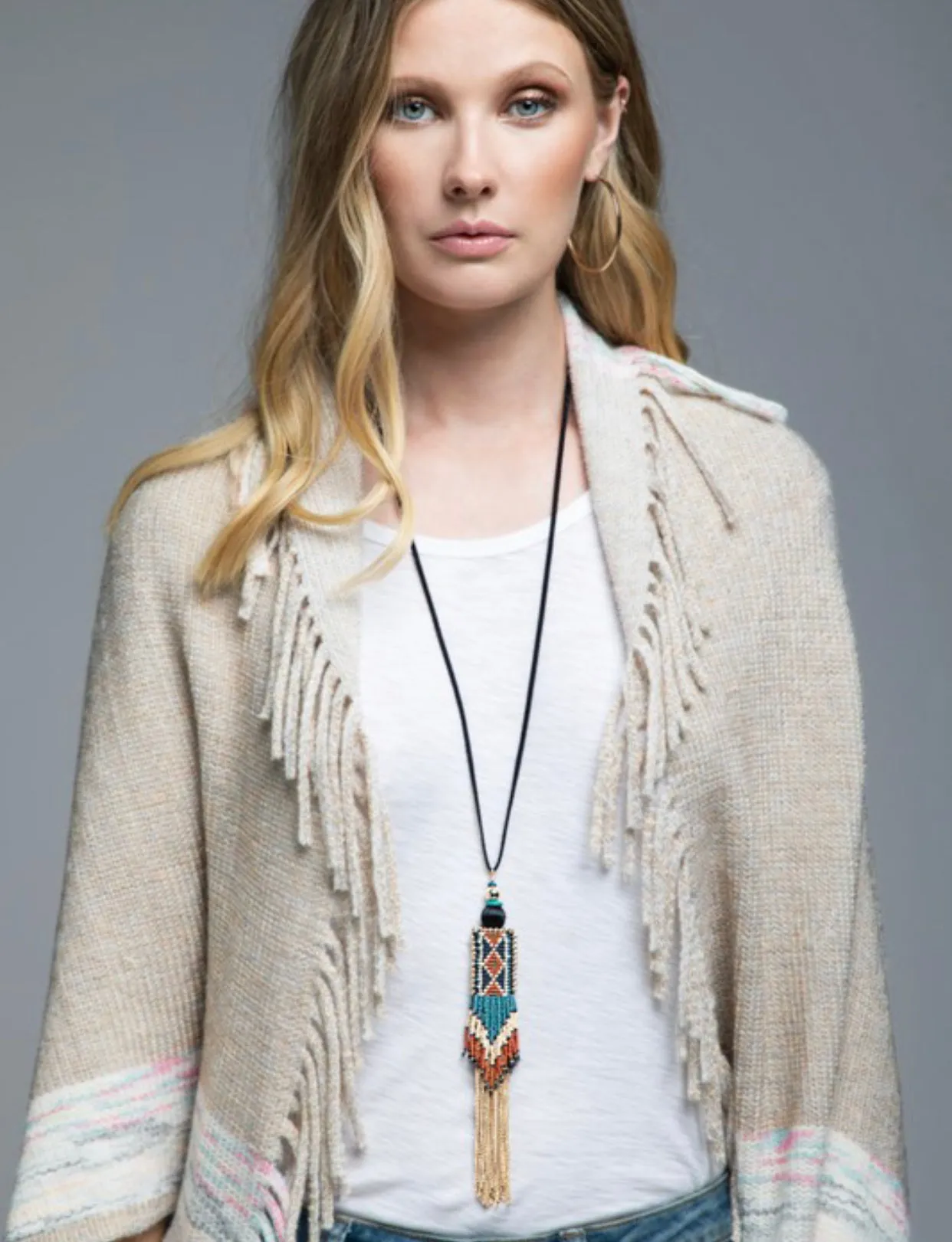 Seed Bead and Metal Chain Tassel Aztec Necklace