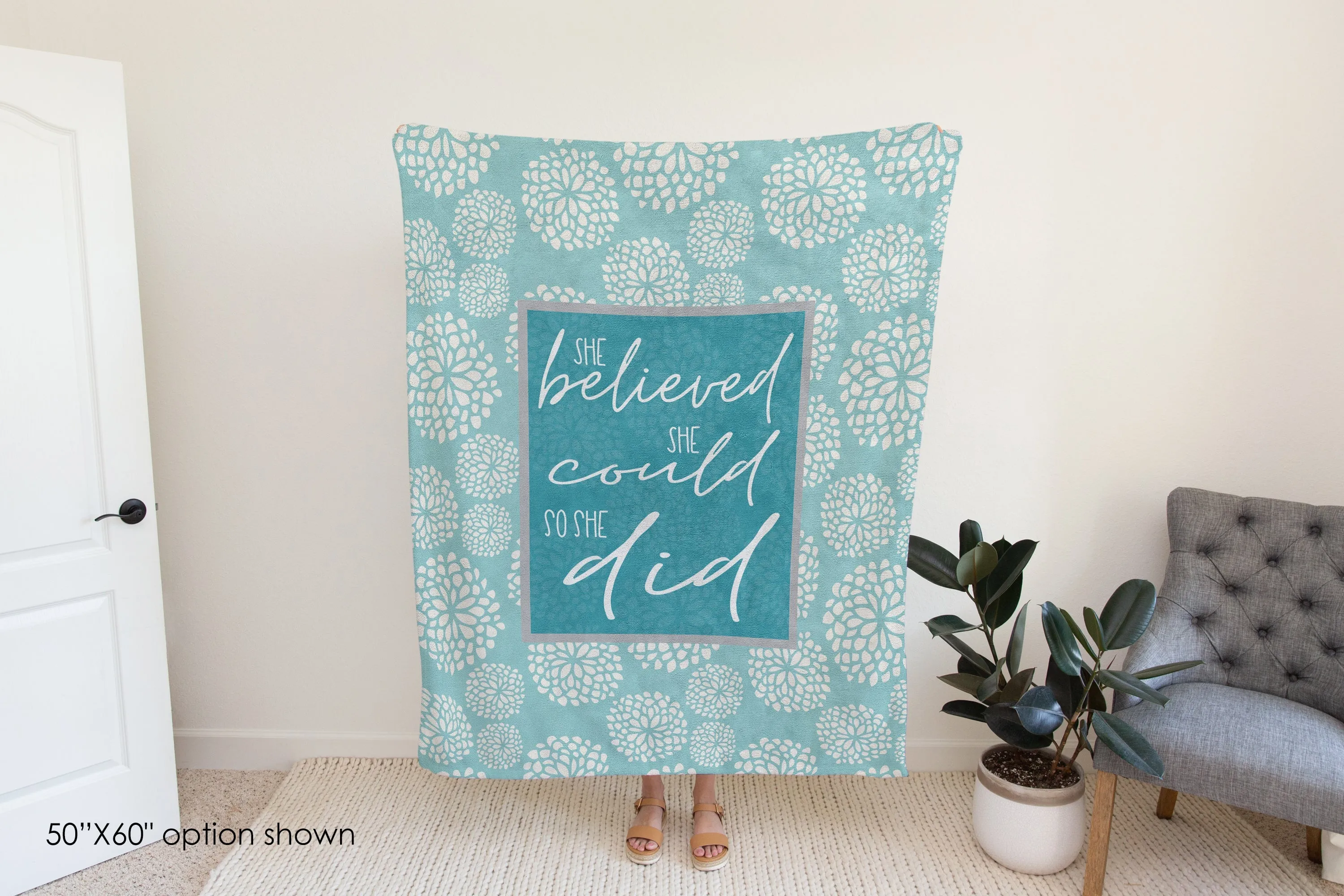 She Believed She Could So She Did Blue Quote Blanket