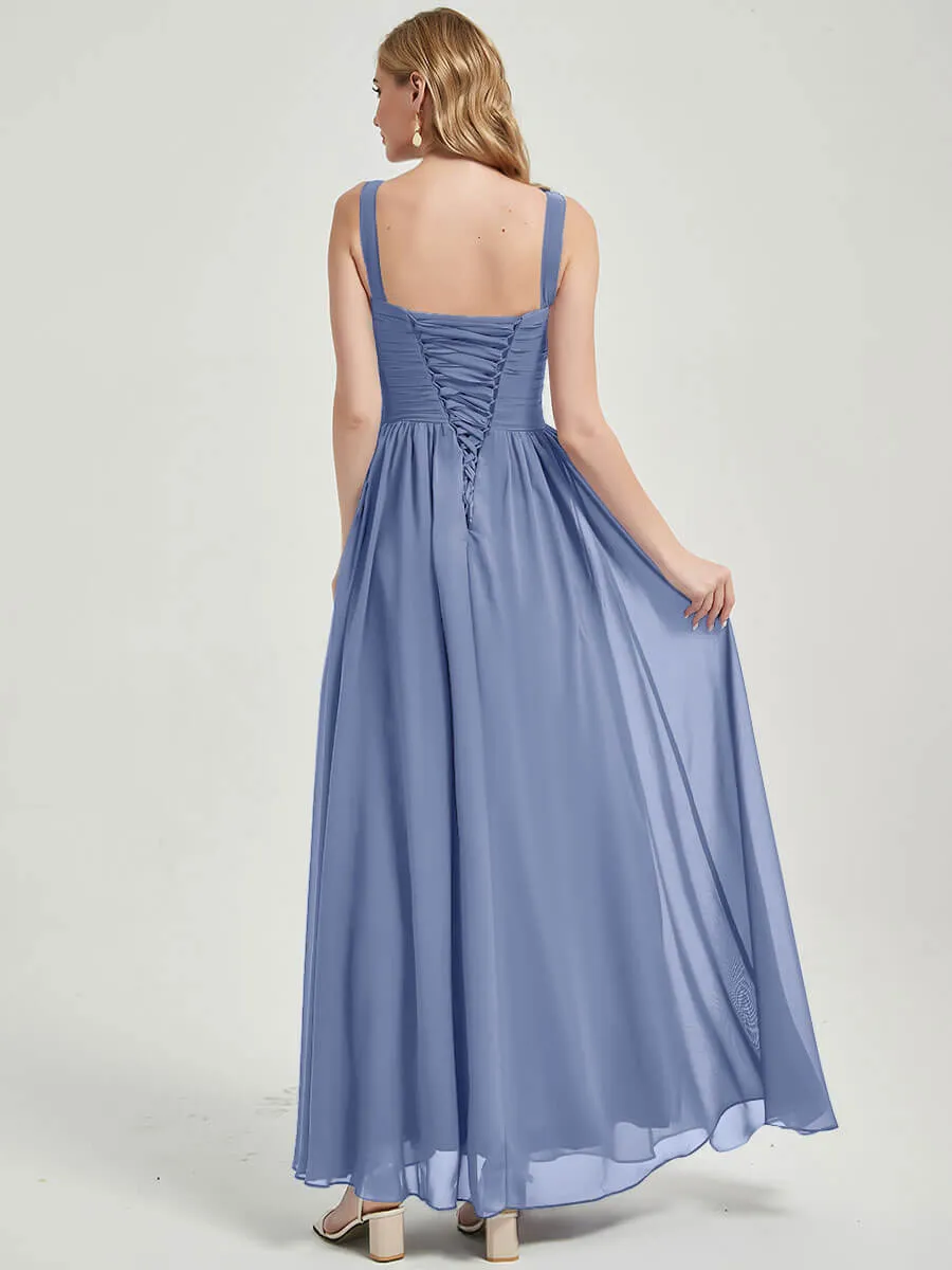Slate Blue Wide Straps Sleeveless Flowy Pleated Long Bridesmaid Dress