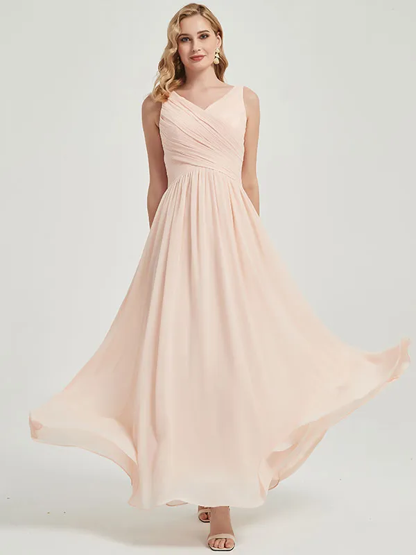 Slate Blue Wide Straps Sleeveless Flowy Pleated Long Bridesmaid Dress