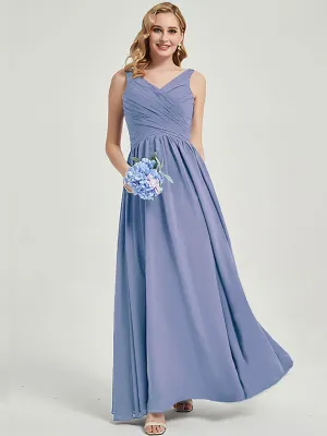 Slate Blue Wide Straps Sleeveless Flowy Pleated Long Bridesmaid Dress