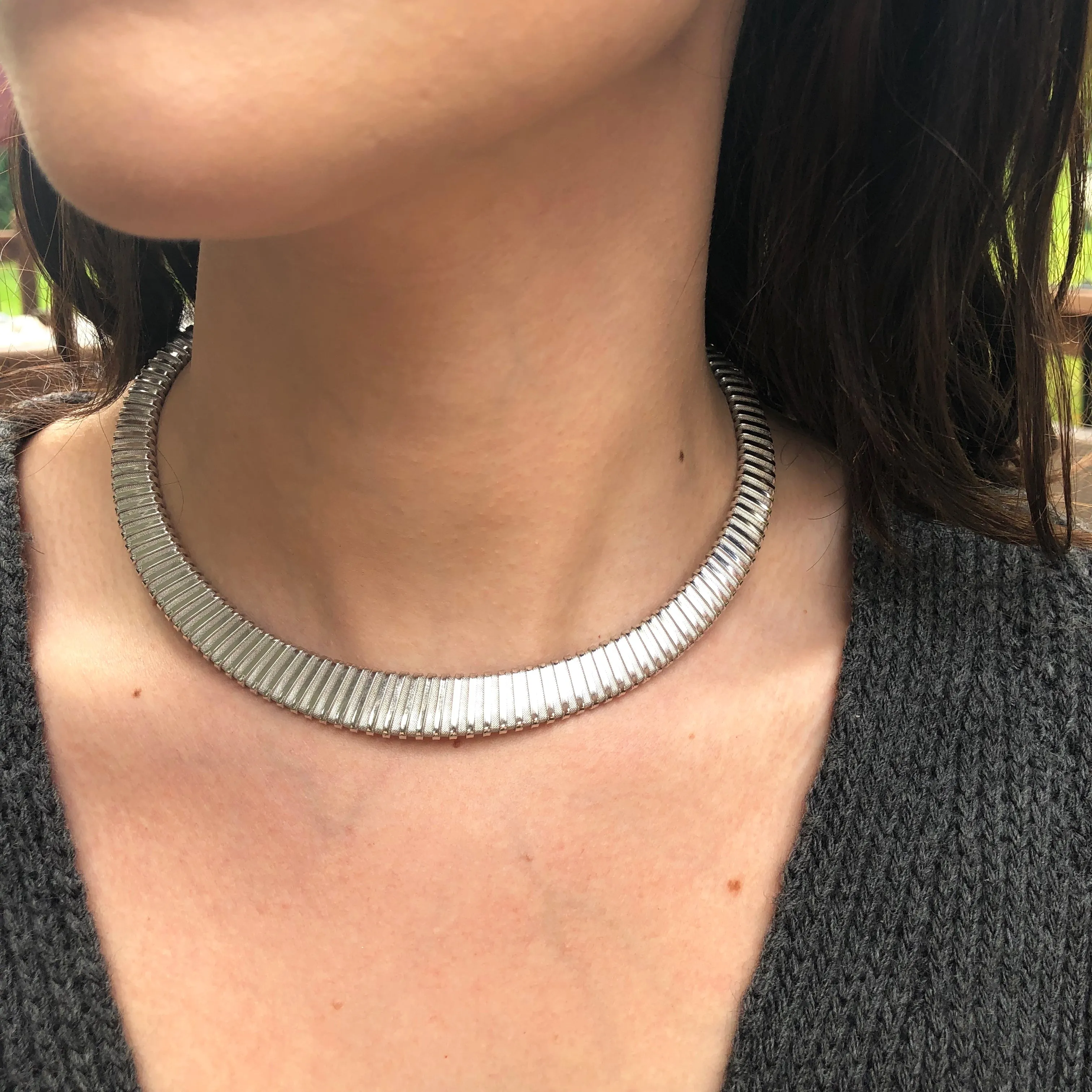 Sterling Silver Ribbed Neck Wire Collar Necklace 14mm