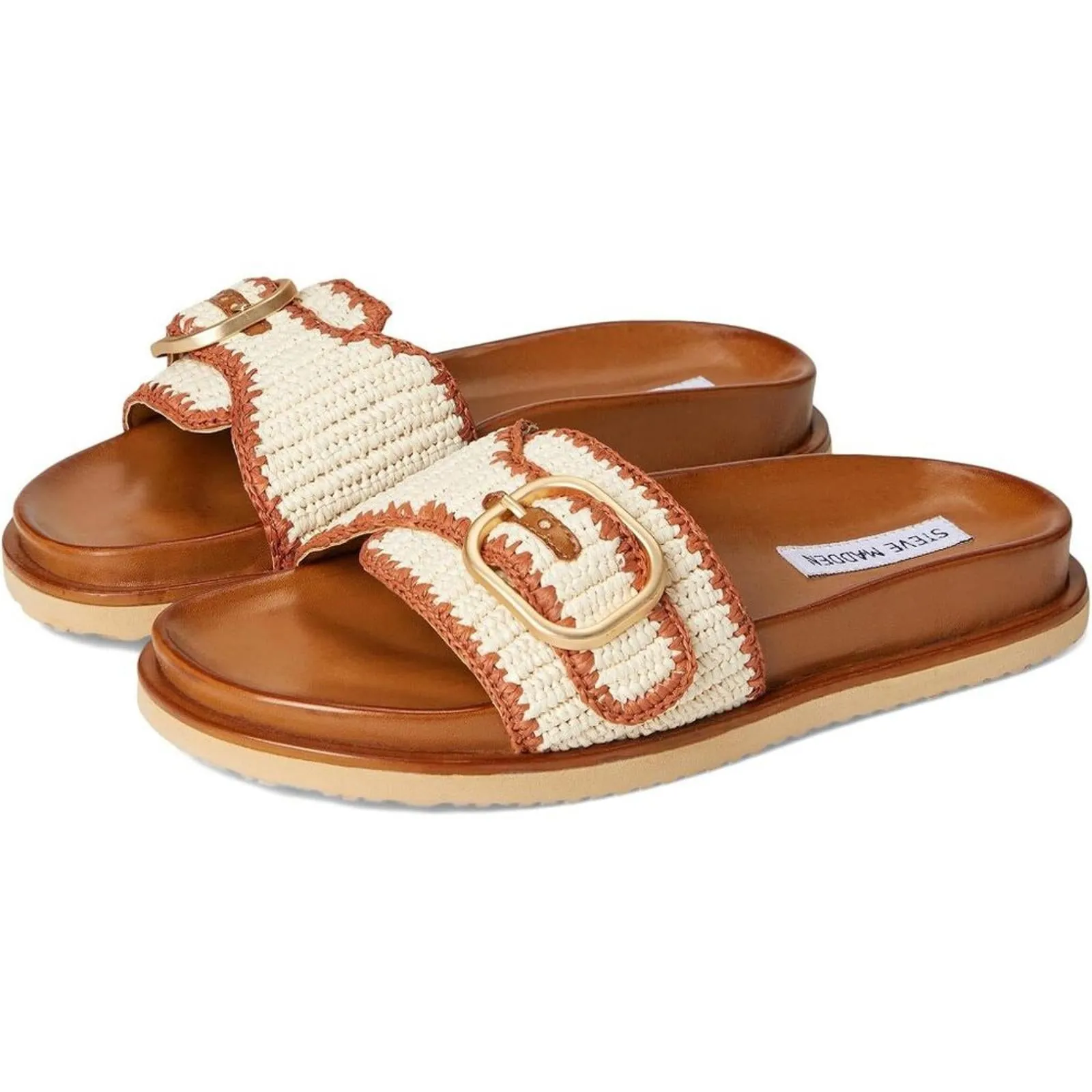 Steve Madden Shoes Memphis Cognac Multi Raffia Buckle Slide Sandals