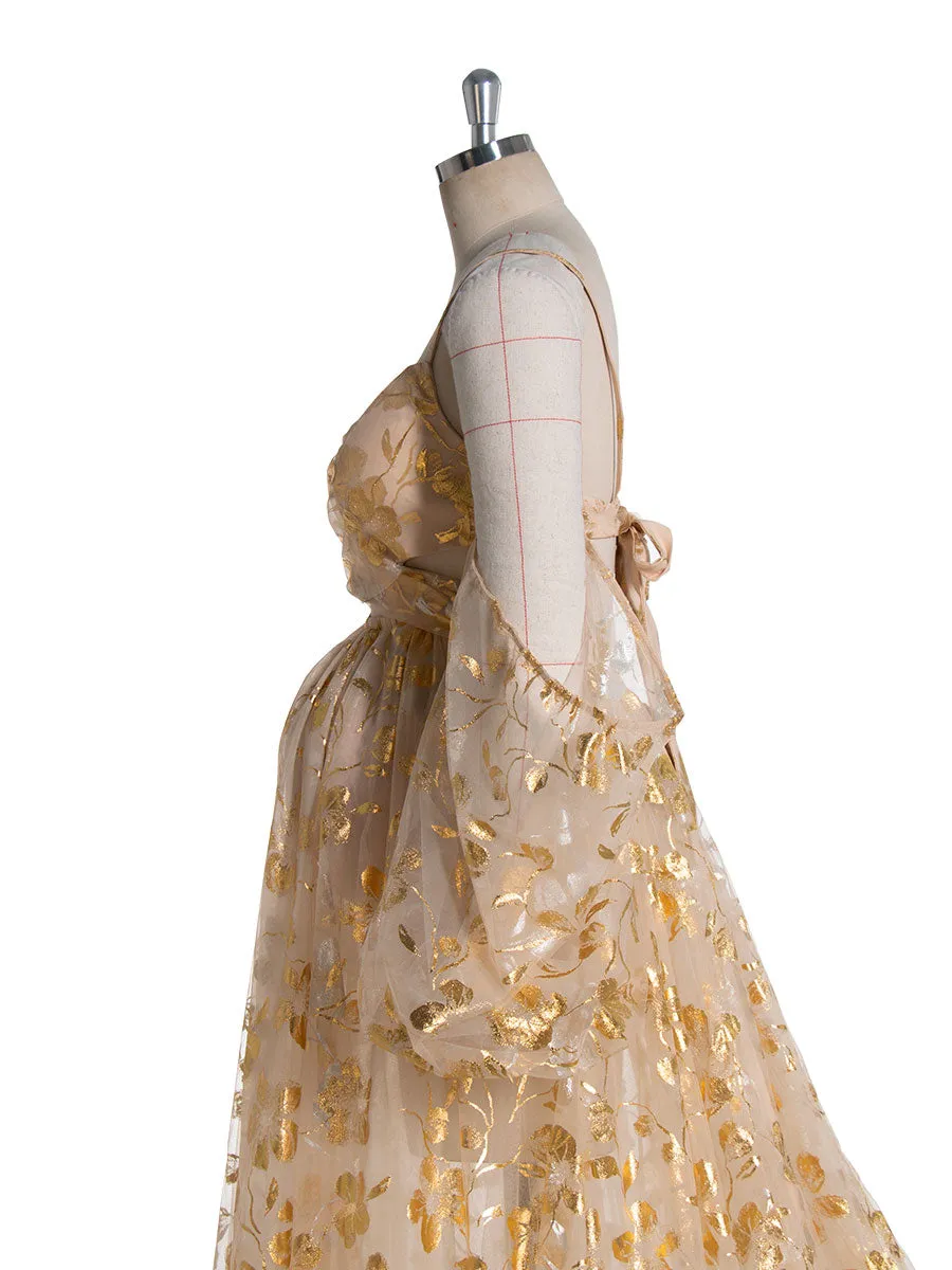 Stunning Gold Tulle Dress with Long Train Maternity Shoot Pregnancy Dresses for Photo Shoots YW240525