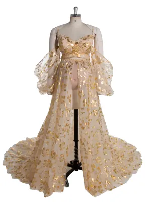 Stunning Gold Tulle Dress with Long Train Maternity Shoot Pregnancy Dresses for Photo Shoots YW240525