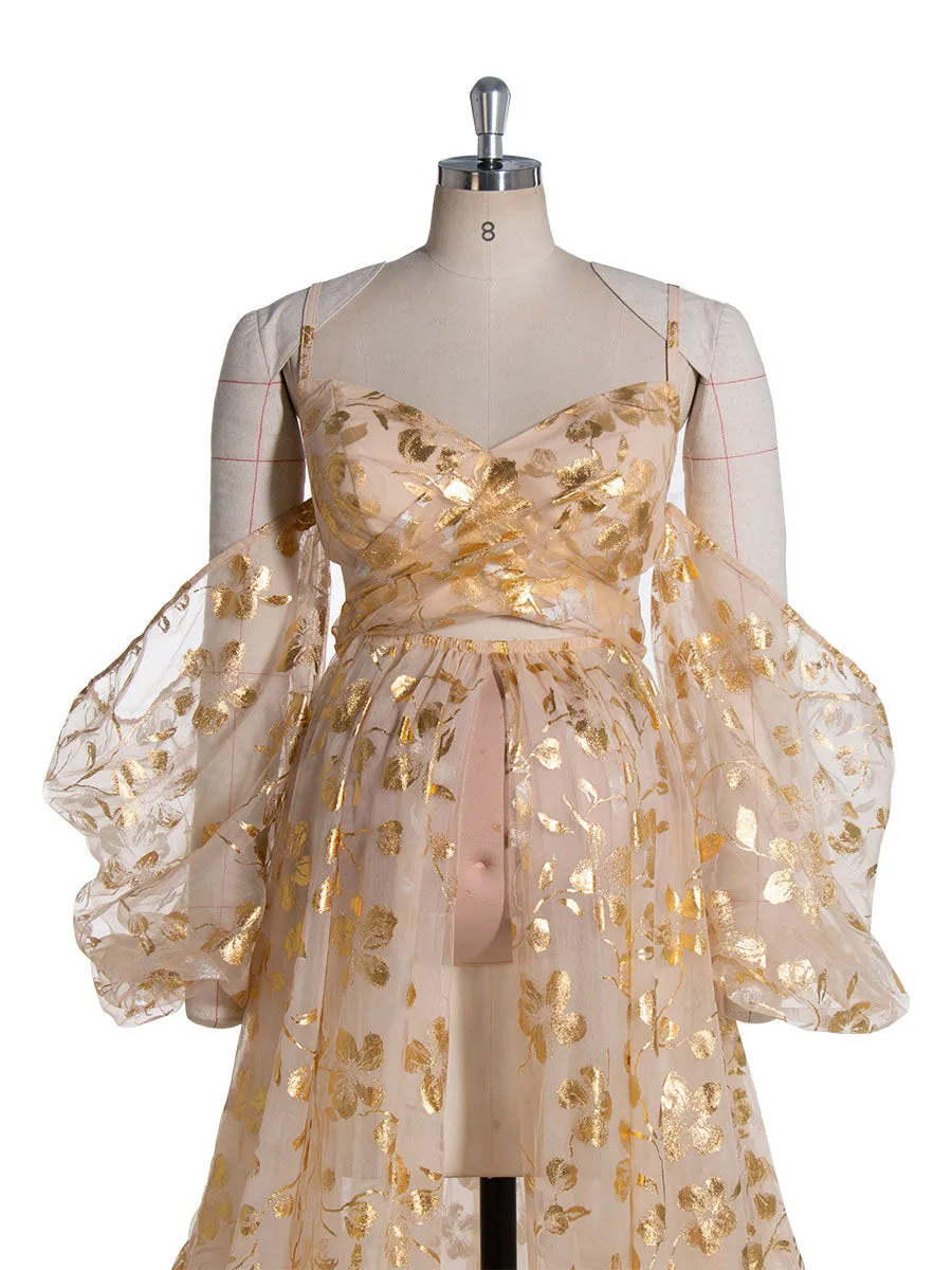 Stunning Gold Tulle Dress with Long Train Maternity Shoot Pregnancy Dresses for Photo Shoots YW240525