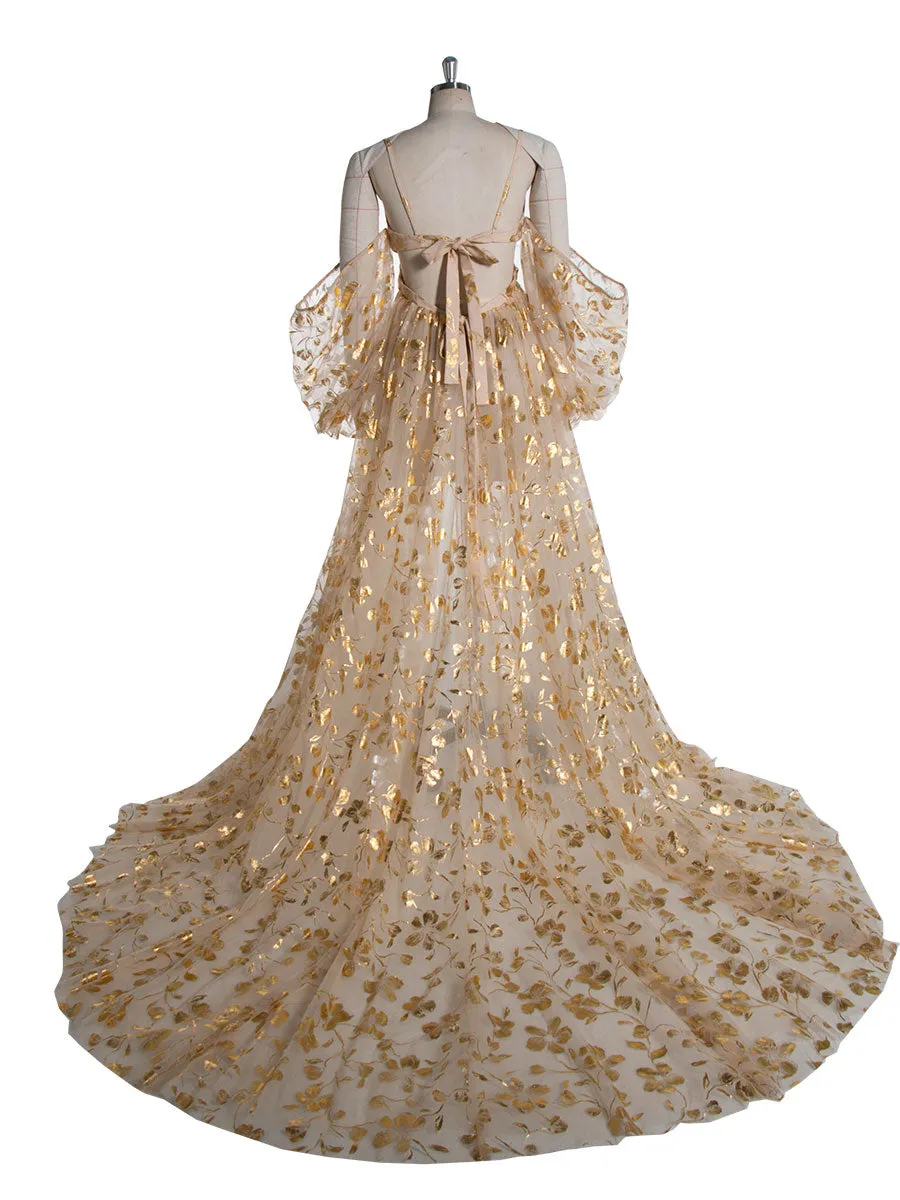 Stunning Gold Tulle Dress with Long Train Maternity Shoot Pregnancy Dresses for Photo Shoots YW240525