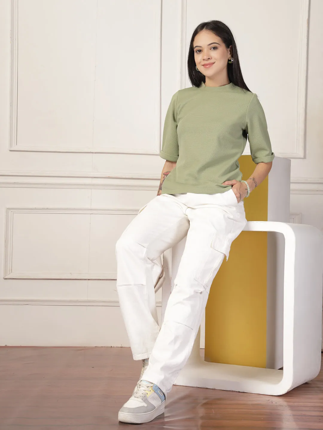 Style Quotient Women Solid Texture Sage Green Polyester Top