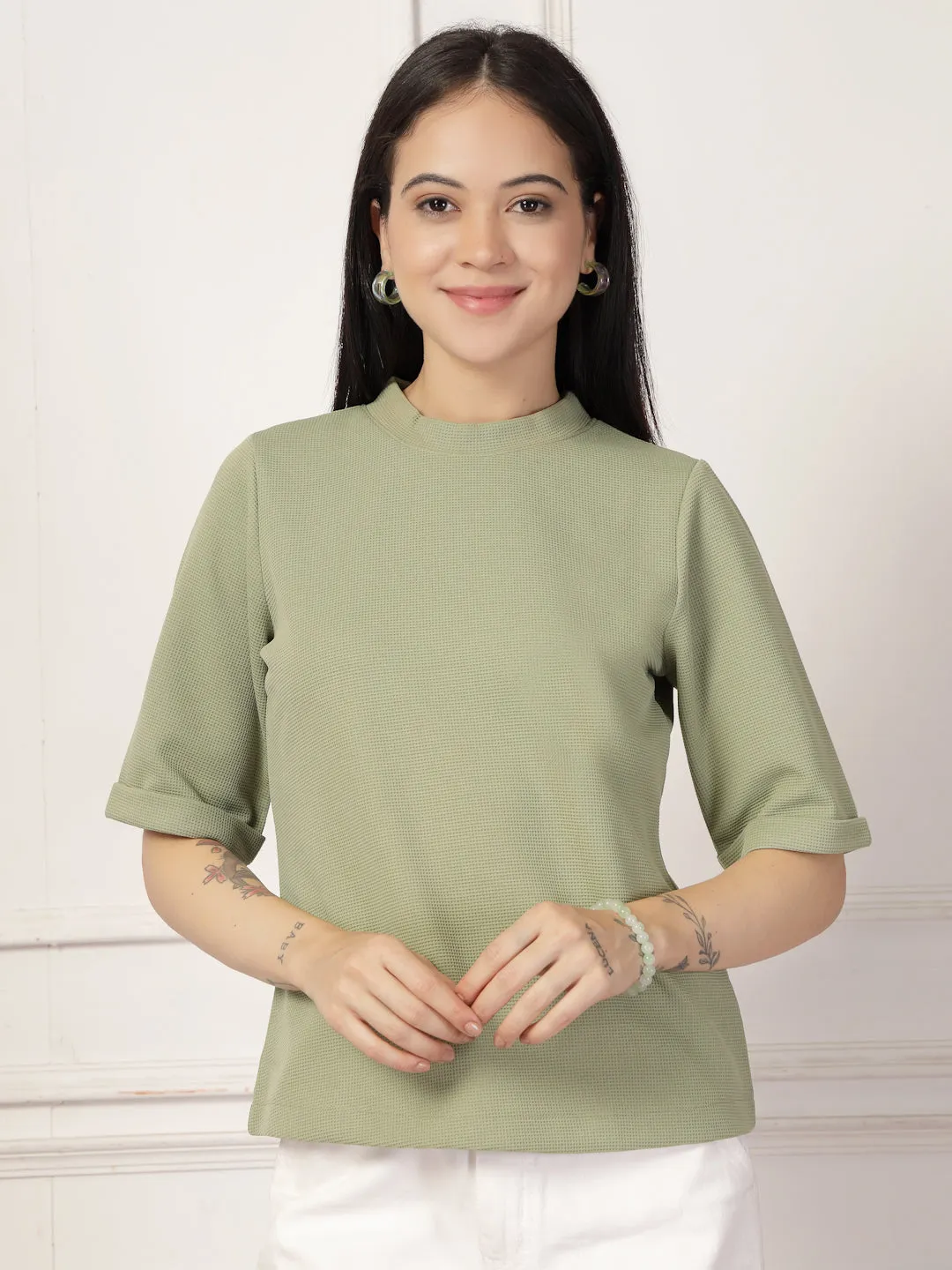 Style Quotient Women Solid Texture Sage Green Polyester Top