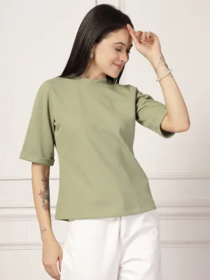 Style Quotient Women Solid Texture Sage Green Polyester Top