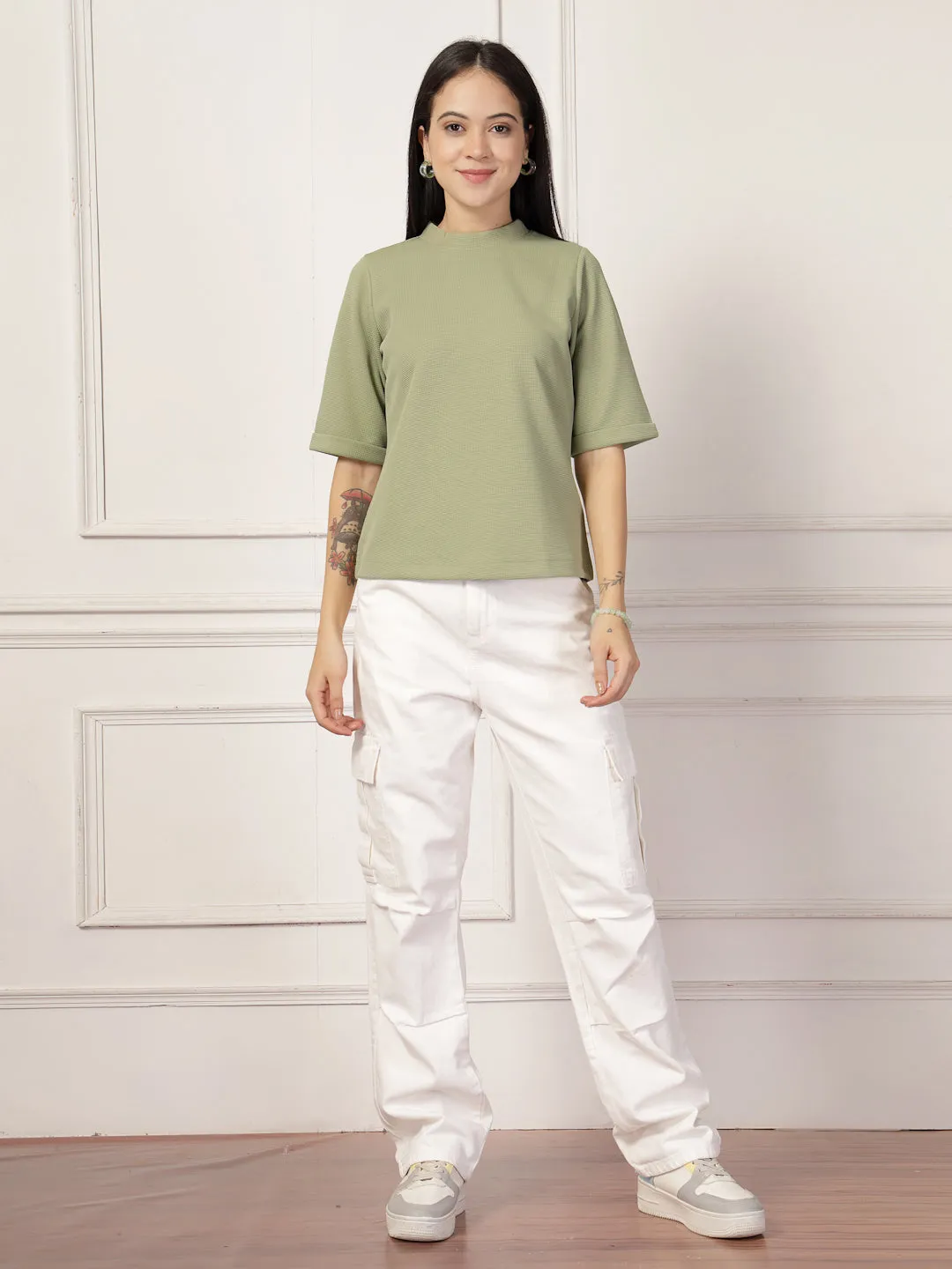 Style Quotient Women Solid Texture Sage Green Polyester Top