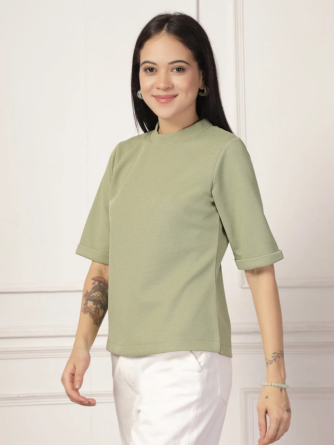 Style Quotient Women Solid Texture Sage Green Polyester Top