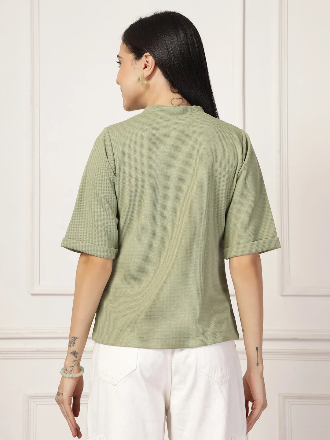 Style Quotient Women Solid Texture Sage Green Polyester Top