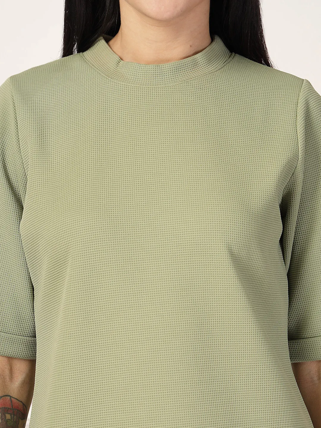 Style Quotient Women Solid Texture Sage Green Polyester Top