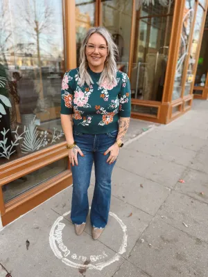 THML Teal Floral Short Sleeve Sweater Top