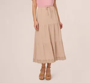 Tiered Eyelet Hem Drawstring Midi Skirt In Bamboo