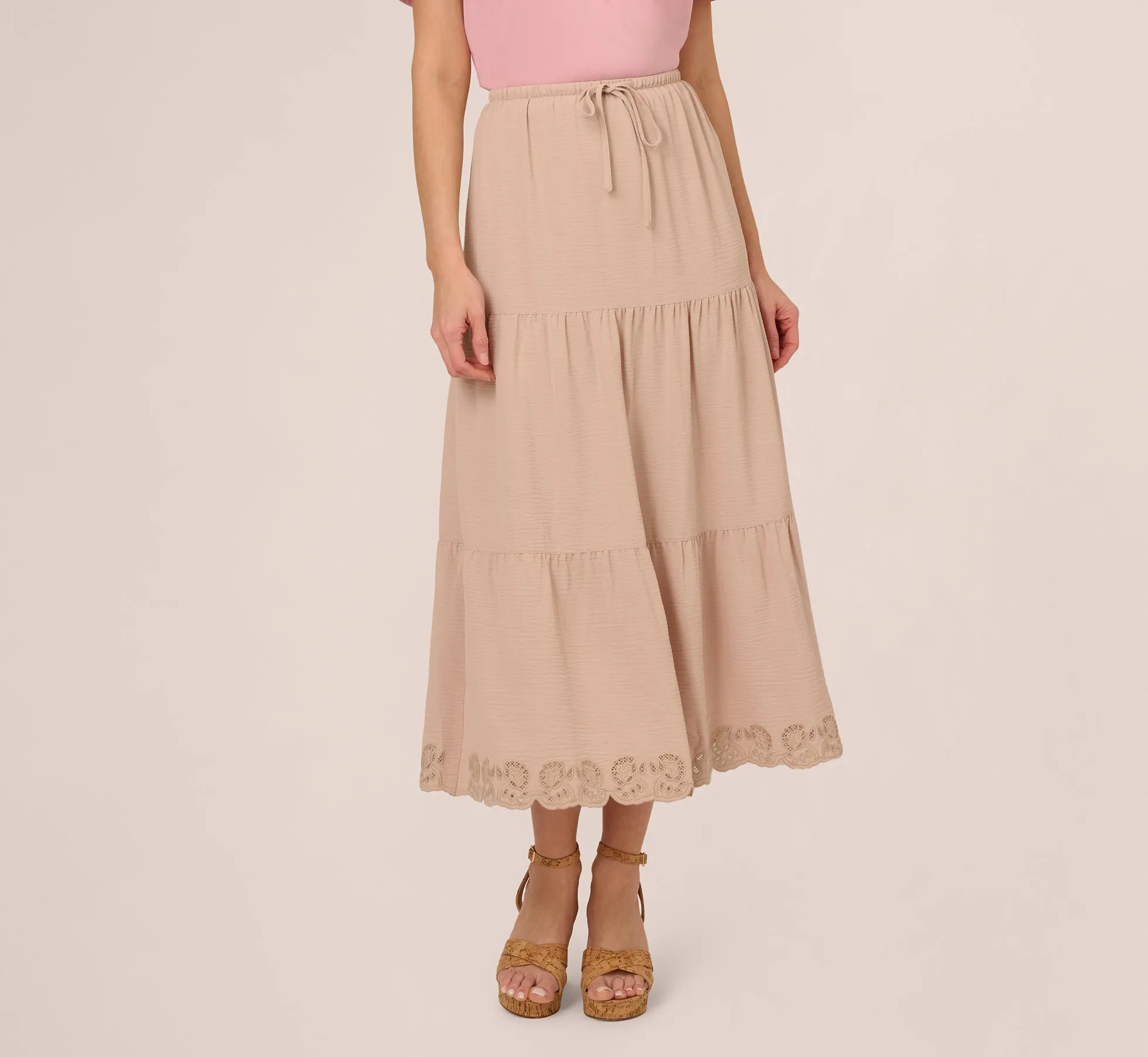 Tiered Eyelet Hem Drawstring Midi Skirt In Bamboo