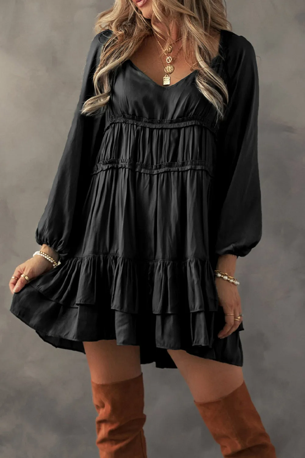 Tiered Ruffled Loose Fit Mini Dress