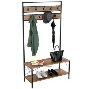 Topeakmart Vintage Coat Rack, 3-in-1 Hall Tree, Entryway Shoe Bench Coat Stand, Storage Shelves 9 Hooks in Black Metal Finish