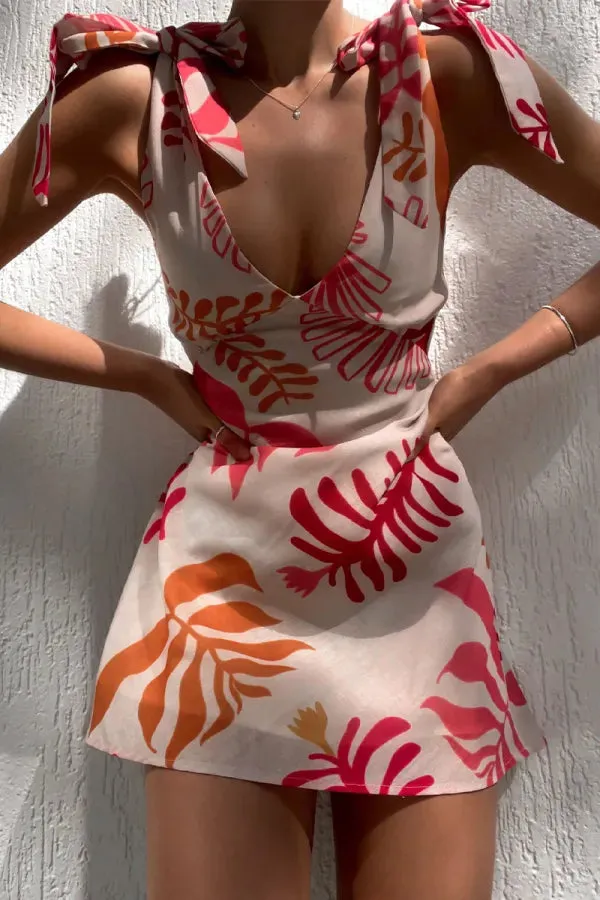Tropical Print Mini Dress | Lightweight & Playful | Tie-Shoulder Detail