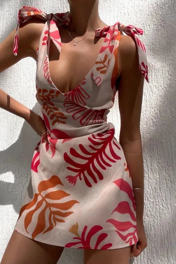 Tropical Print Mini Dress | Lightweight & Playful | Tie-Shoulder Detail