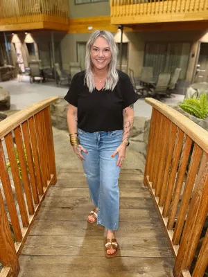 V Neck Roll Up Sleeve Crinkle Top-Black