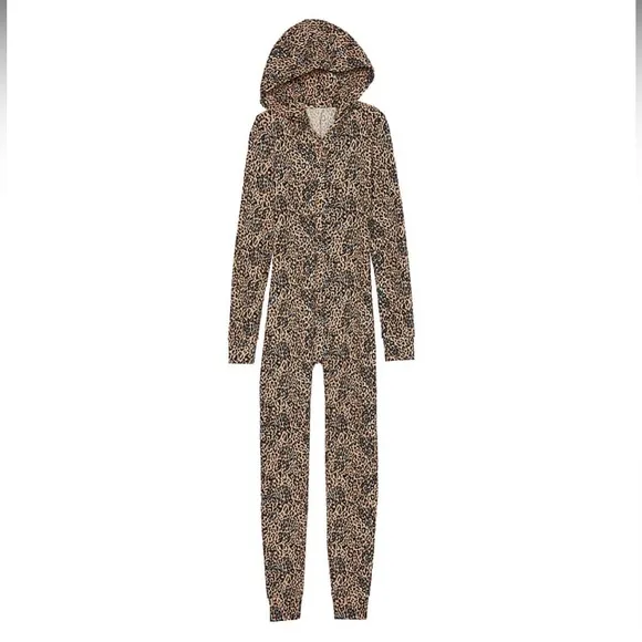 Victorias Secret PINK Cotton Waffle Knit Thermal Onesie Pajamas Leopard Lounge