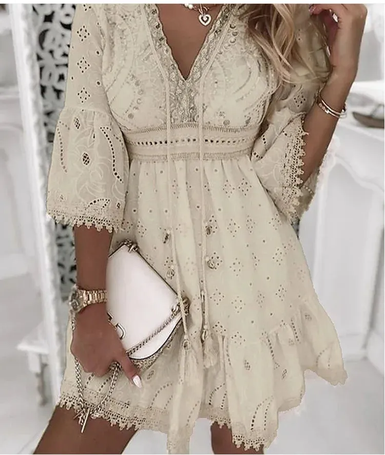White Lace Beach Dress for Women V Neck Hollow Out 3/4 Sleeve Short Dress