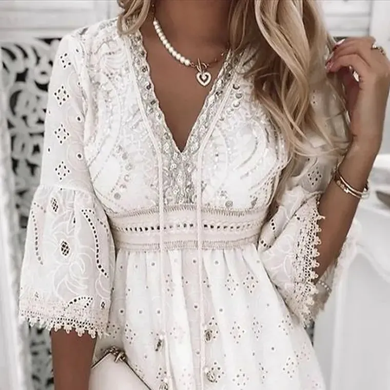 White Lace Beach Dress for Women V Neck Hollow Out 3/4 Sleeve Short Dress