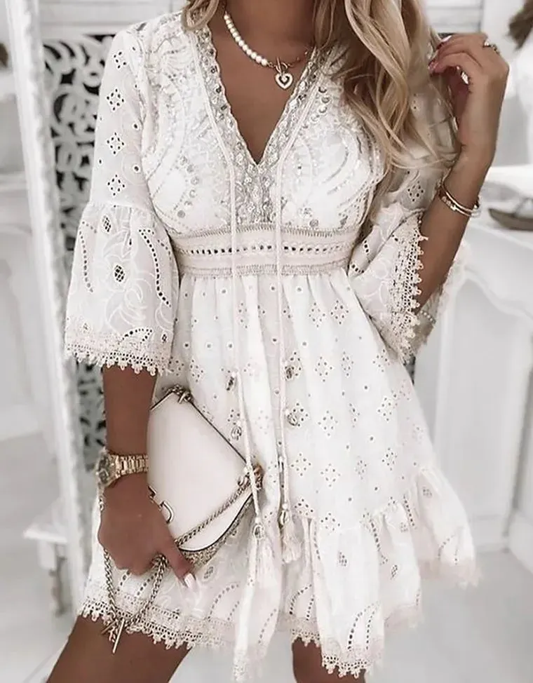 White Lace Beach Dress for Women V Neck Hollow Out 3/4 Sleeve Short Dress