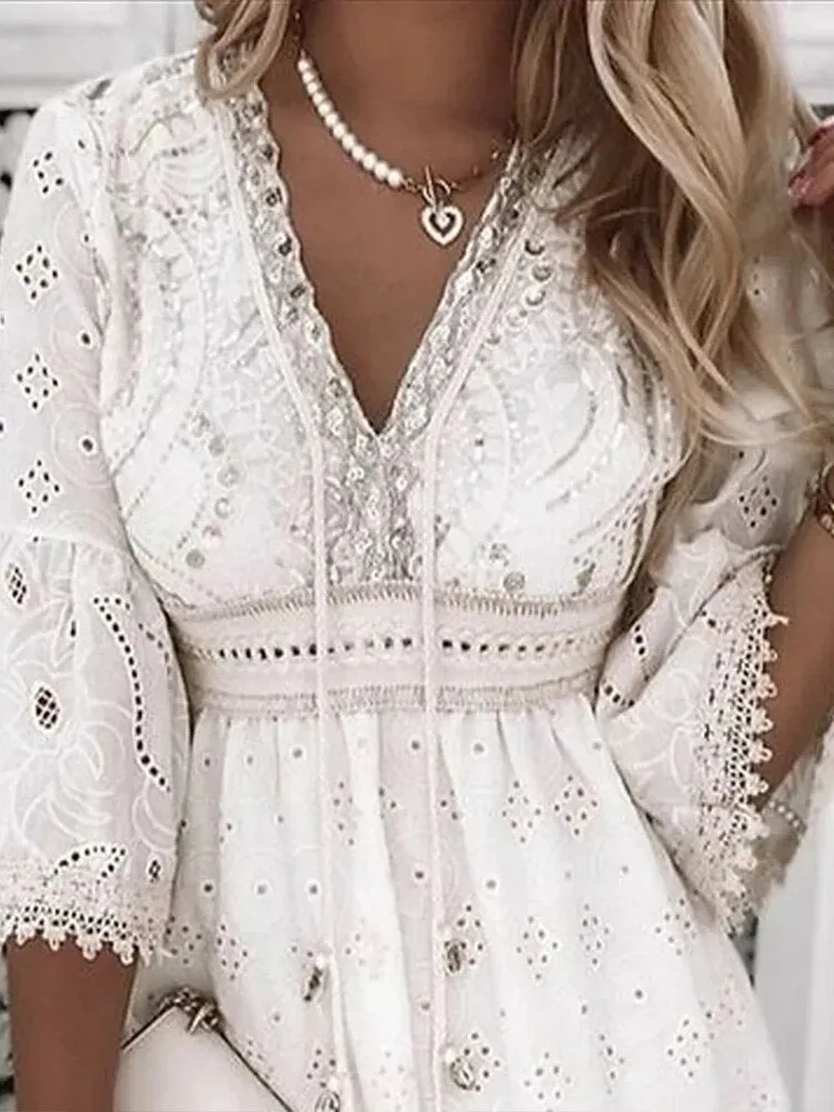 White Lace Beach Dress for Women V Neck Hollow Out 3/4 Sleeve Short Dress
