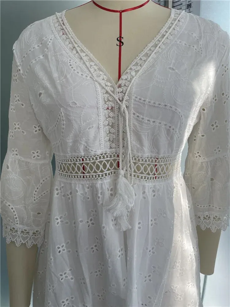 White Lace Beach Dress for Women V Neck Hollow Out 3/4 Sleeve Short Dress