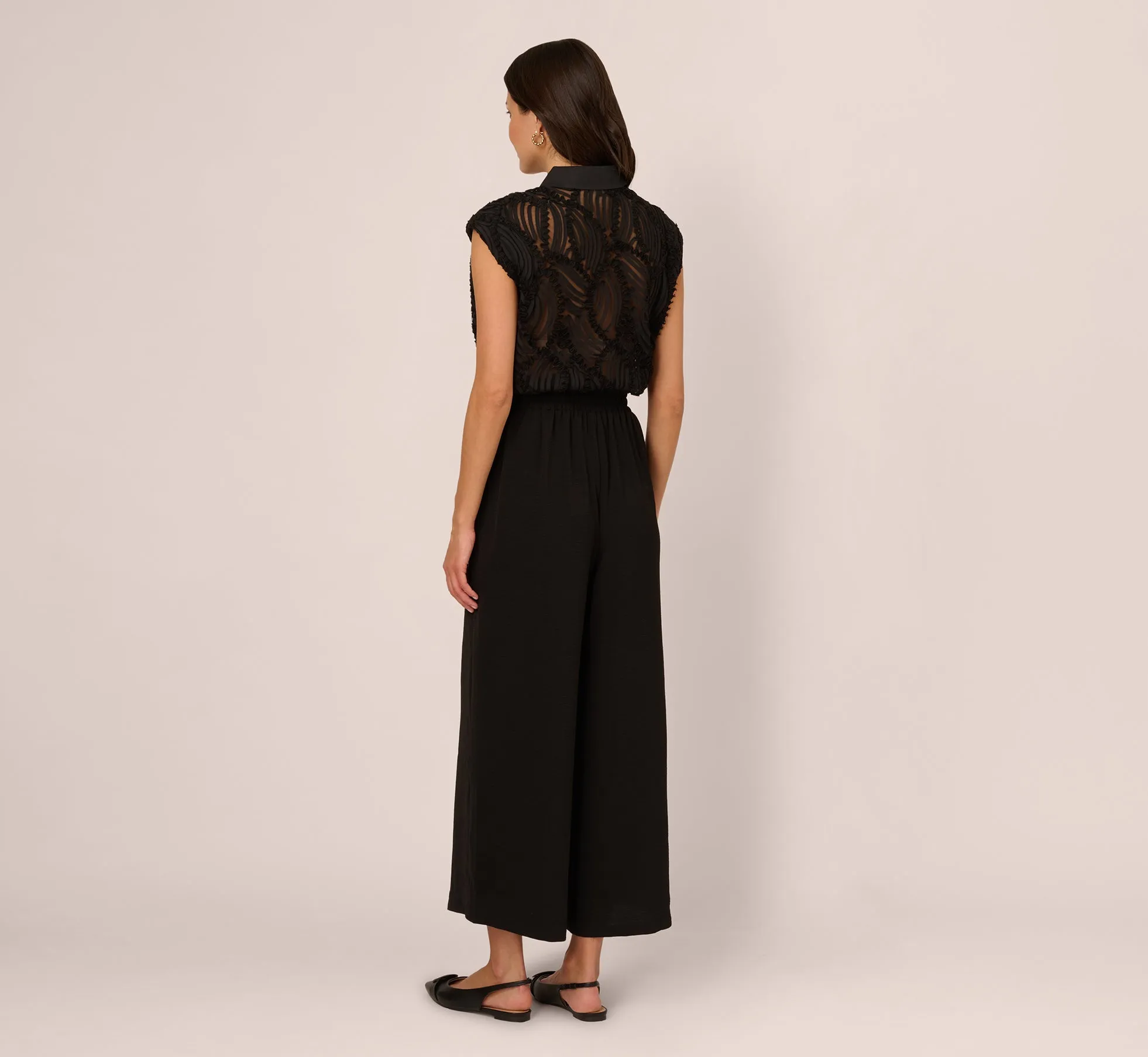 Wide Leg Airflow Pant And Sheer Soutache Vest Set In Black