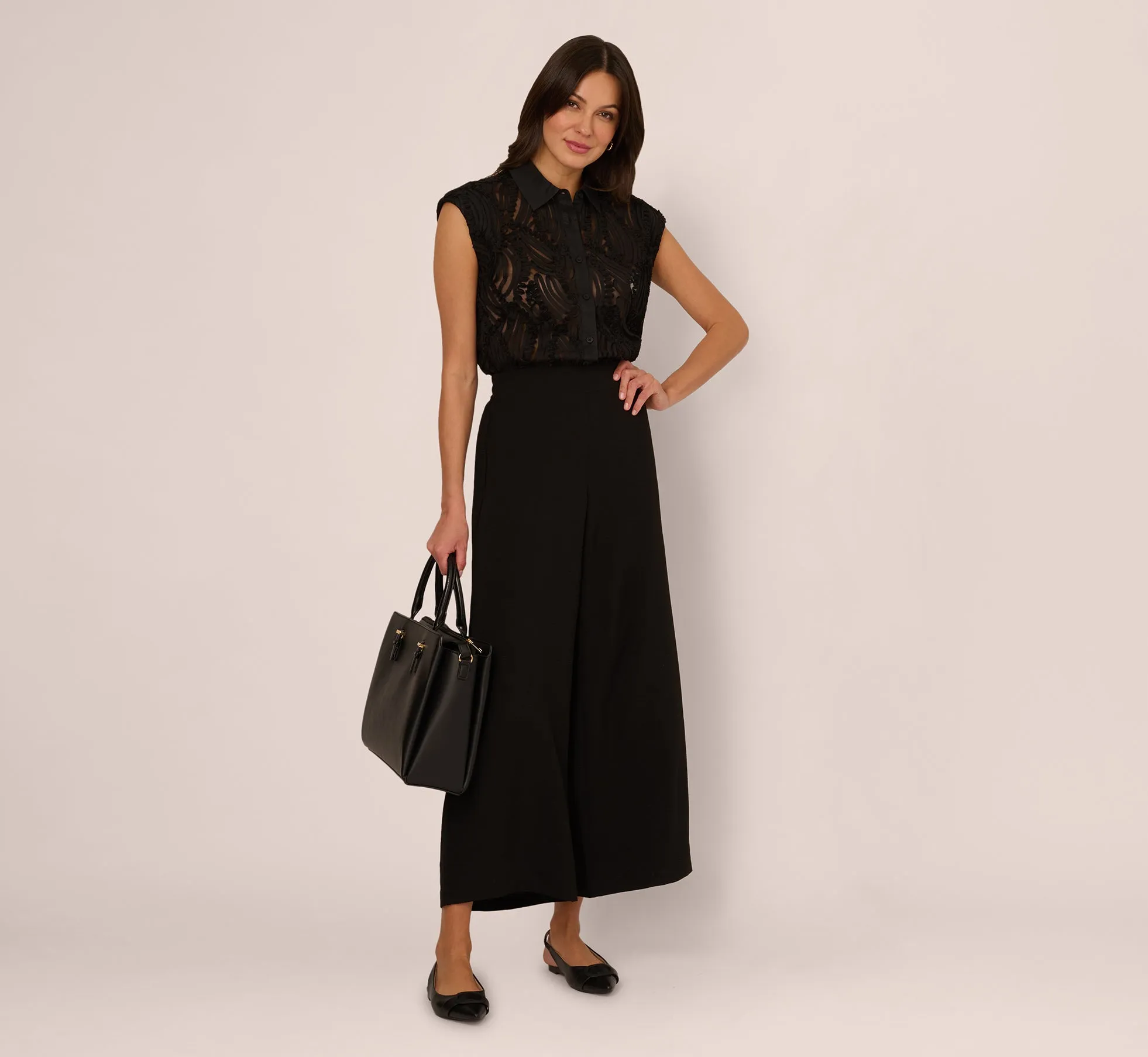 Wide Leg Airflow Pant And Sheer Soutache Vest Set In Black