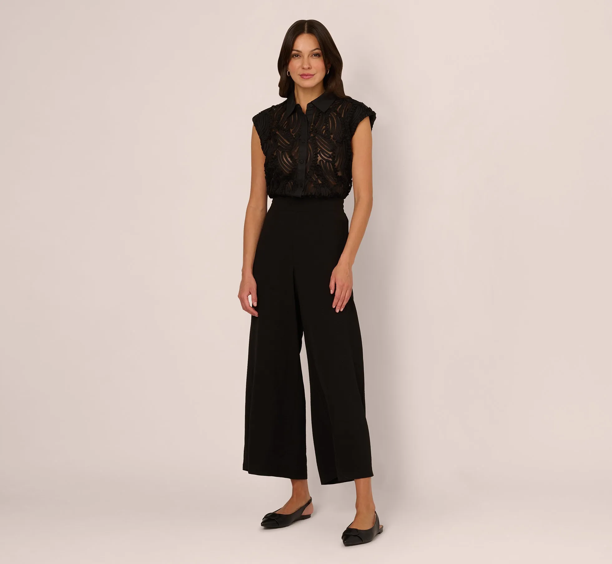 Wide Leg Airflow Pant And Sheer Soutache Vest Set In Black