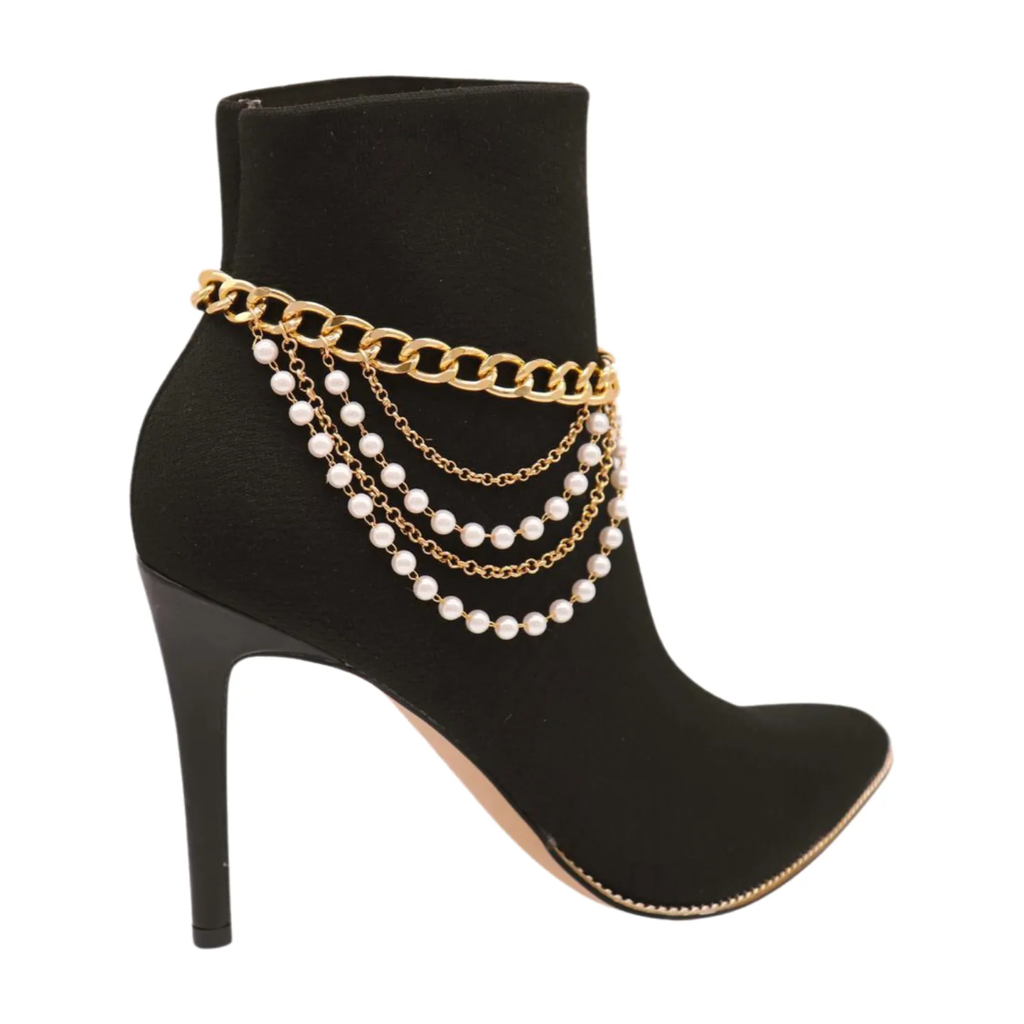 Women Gold Metal Western Boot Chain Bracelet Shoe Anklet Wave Pearl Beads Charm