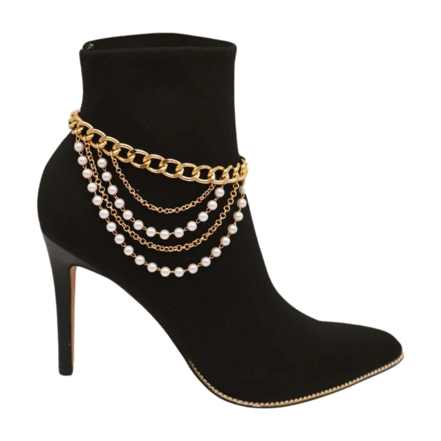 Women Gold Metal Western Boot Chain Bracelet Shoe Anklet Wave Pearl Beads Charm