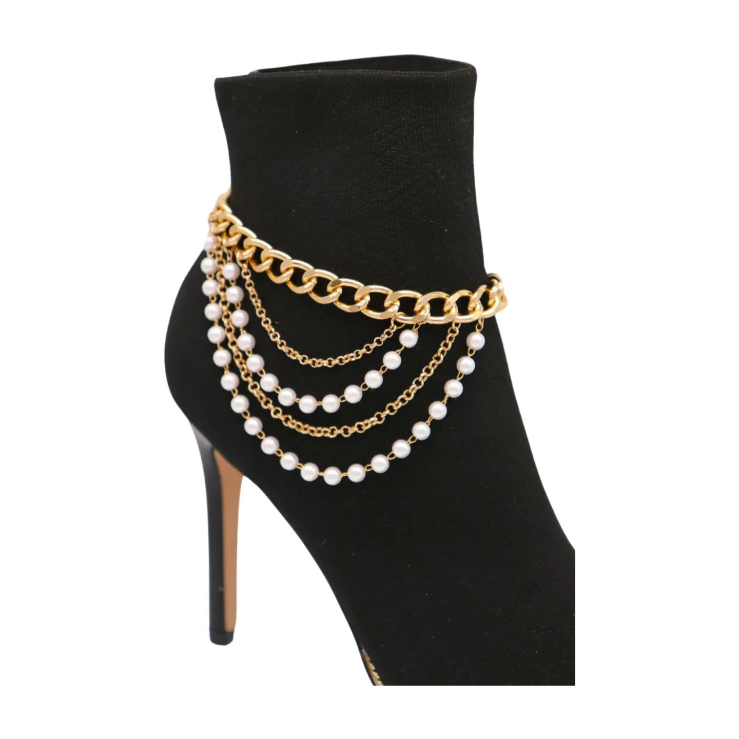 Women Gold Metal Western Boot Chain Bracelet Shoe Anklet Wave Pearl Beads Charm