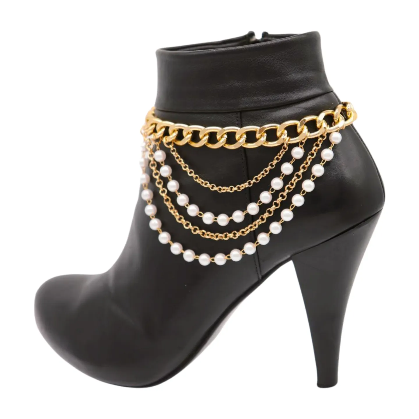 Women Gold Metal Western Boot Chain Bracelet Shoe Anklet Wave Pearl Beads Charm