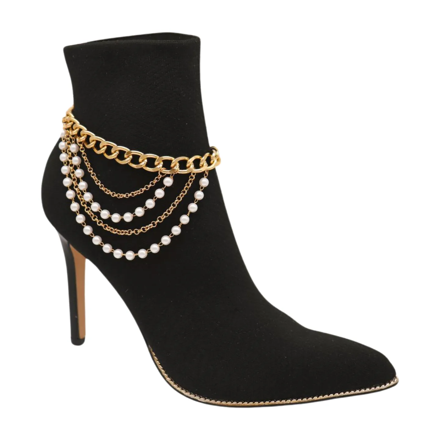 Women Gold Metal Western Boot Chain Bracelet Shoe Anklet Wave Pearl Beads Charm