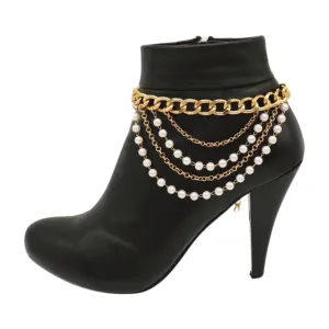 Women Gold Metal Western Boot Chain Bracelet Shoe Anklet Wave Pearl Beads Charm