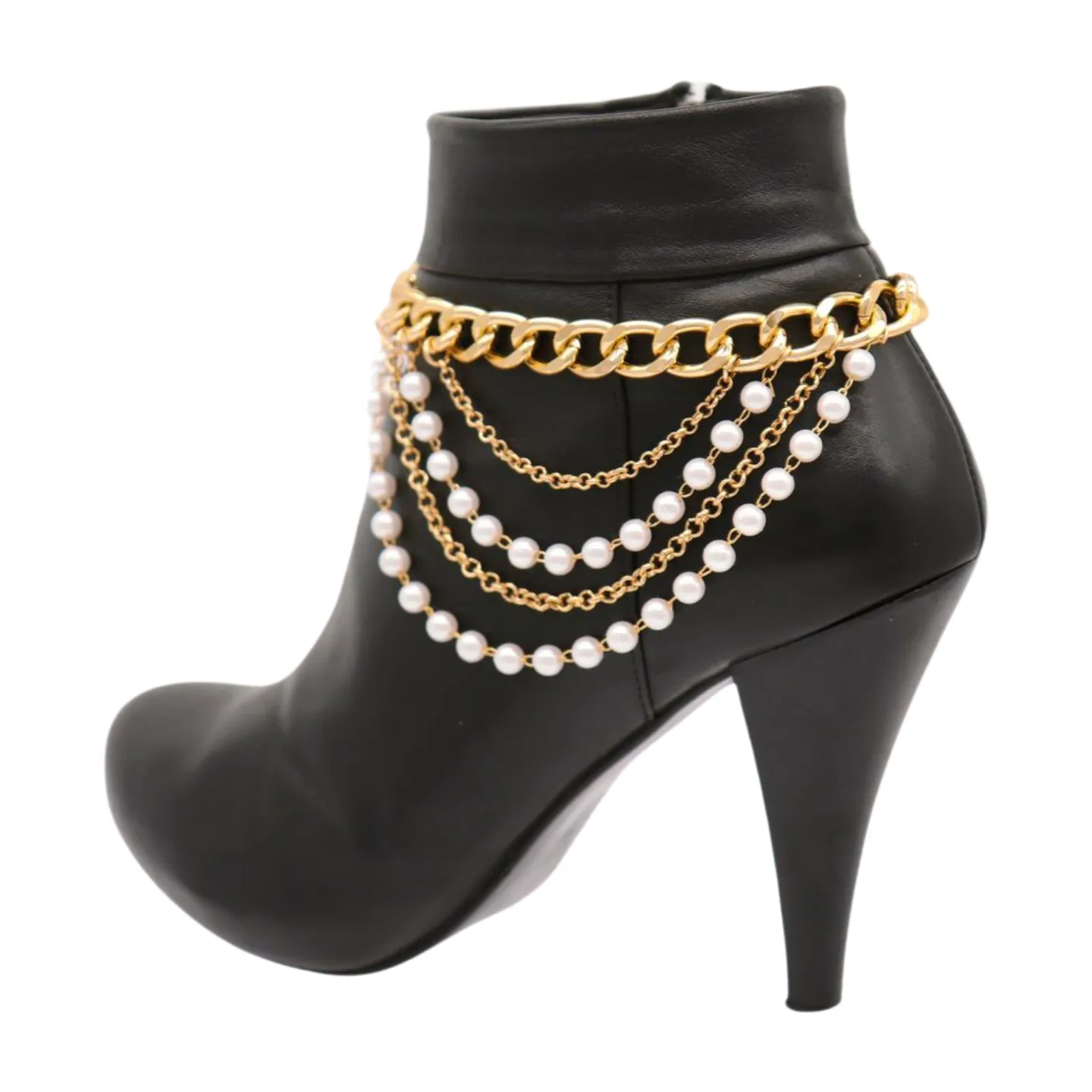 Women Gold Metal Western Boot Chain Bracelet Shoe Anklet Wave Pearl Beads Charm