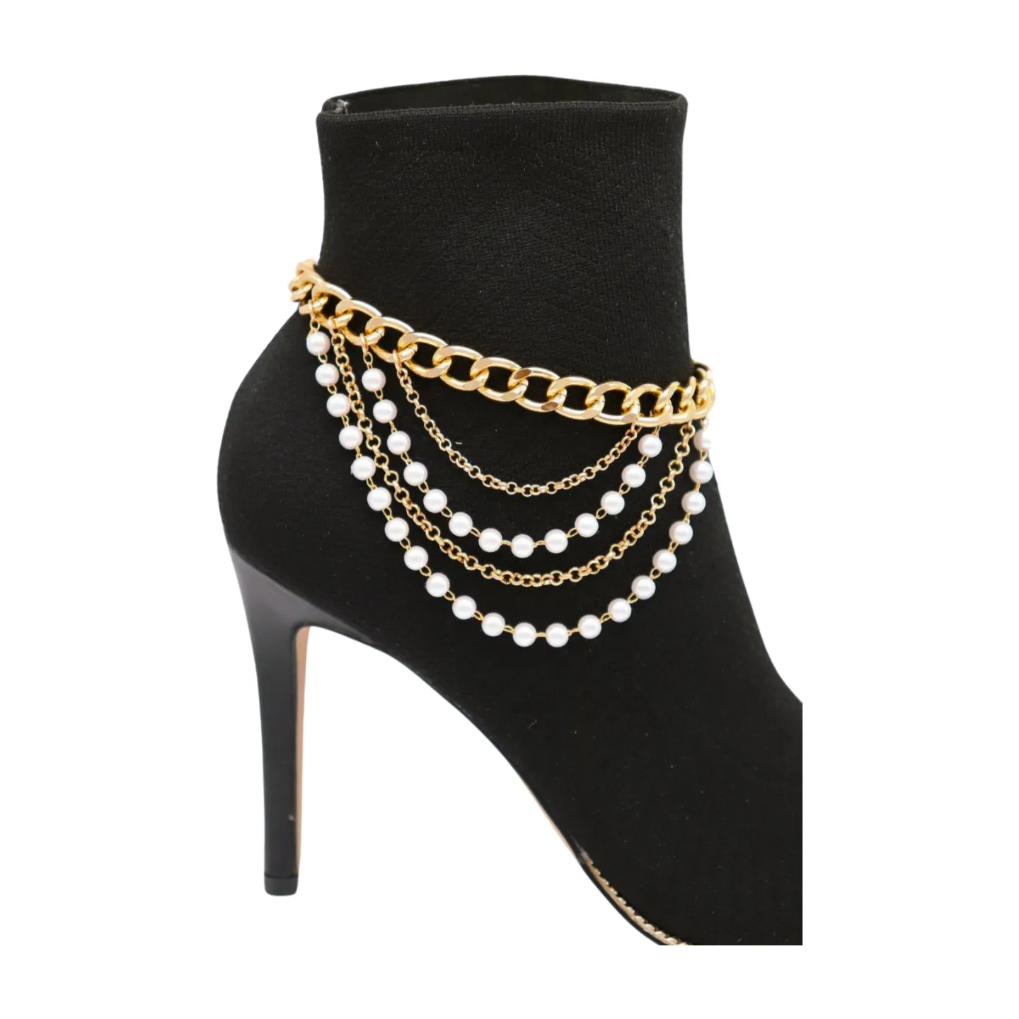 Women Gold Metal Western Boot Chain Bracelet Shoe Anklet Wave Pearl Beads Charm